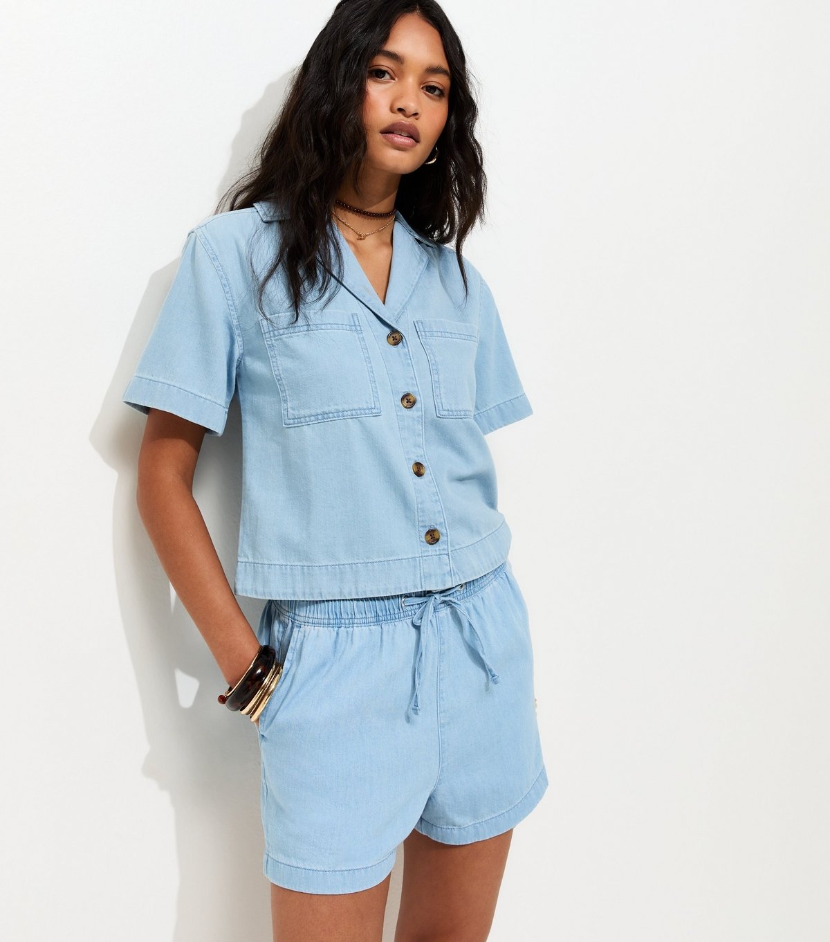 New Look Women's Light Blue Denim Pull On Drawstring Shorts New Look - 1