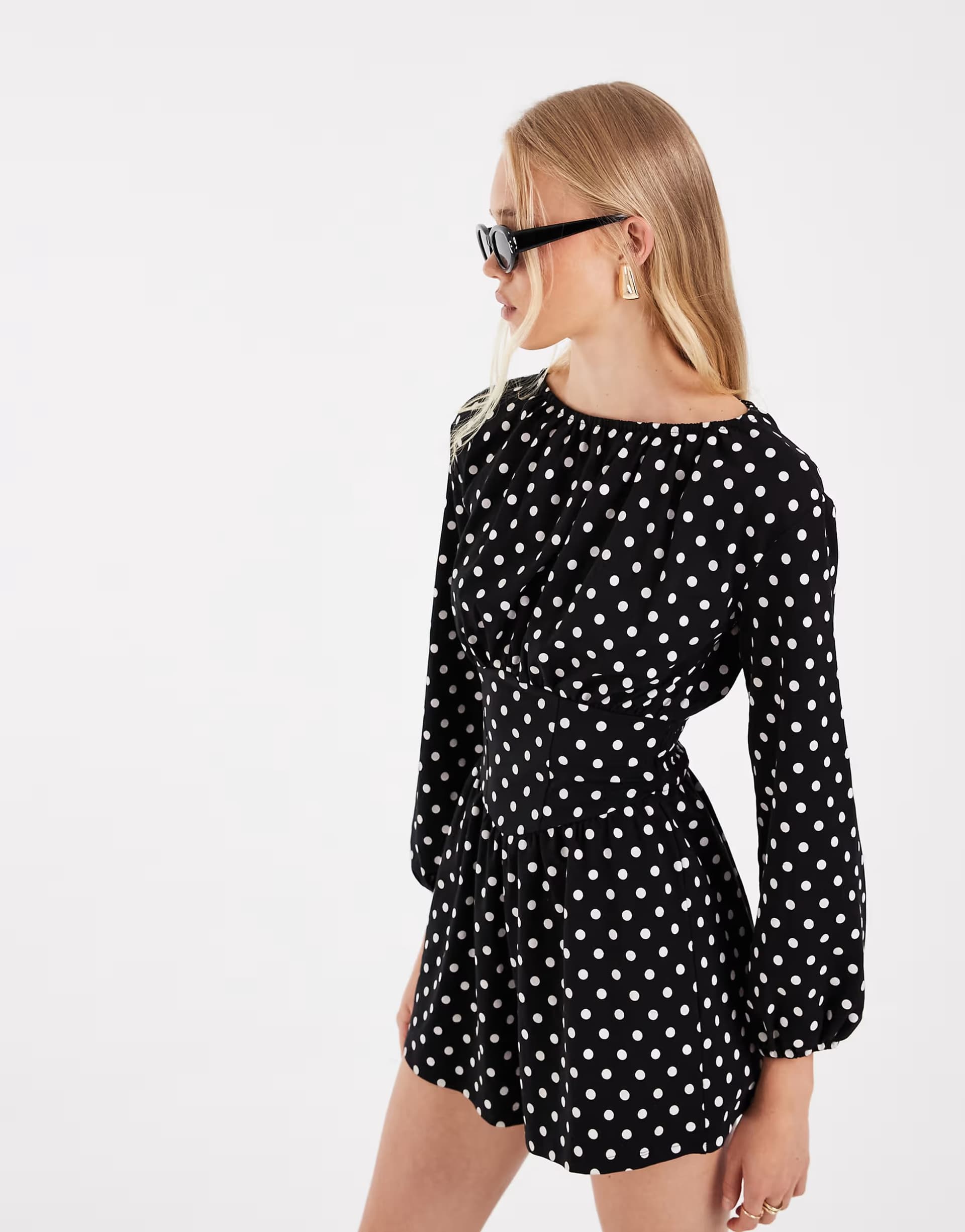 ASOS ASOS DESIGN polka dot cinched waist playsuit in black and white