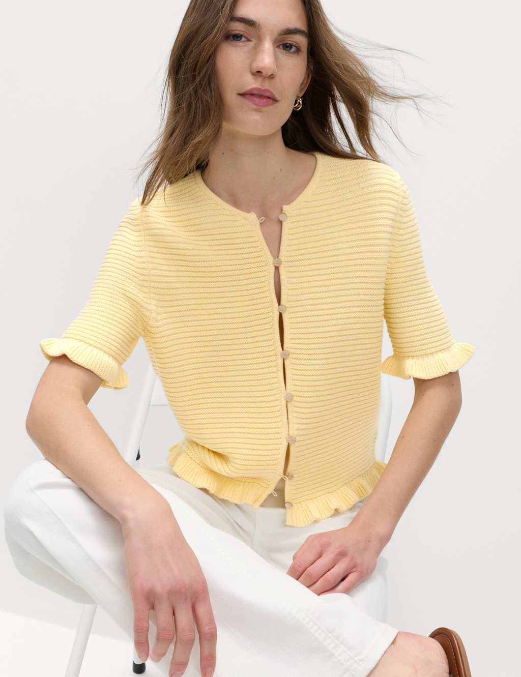 Marks & Spencer M&S Cotton Rich Ruffle Detail Cardigan Pale Yellow
