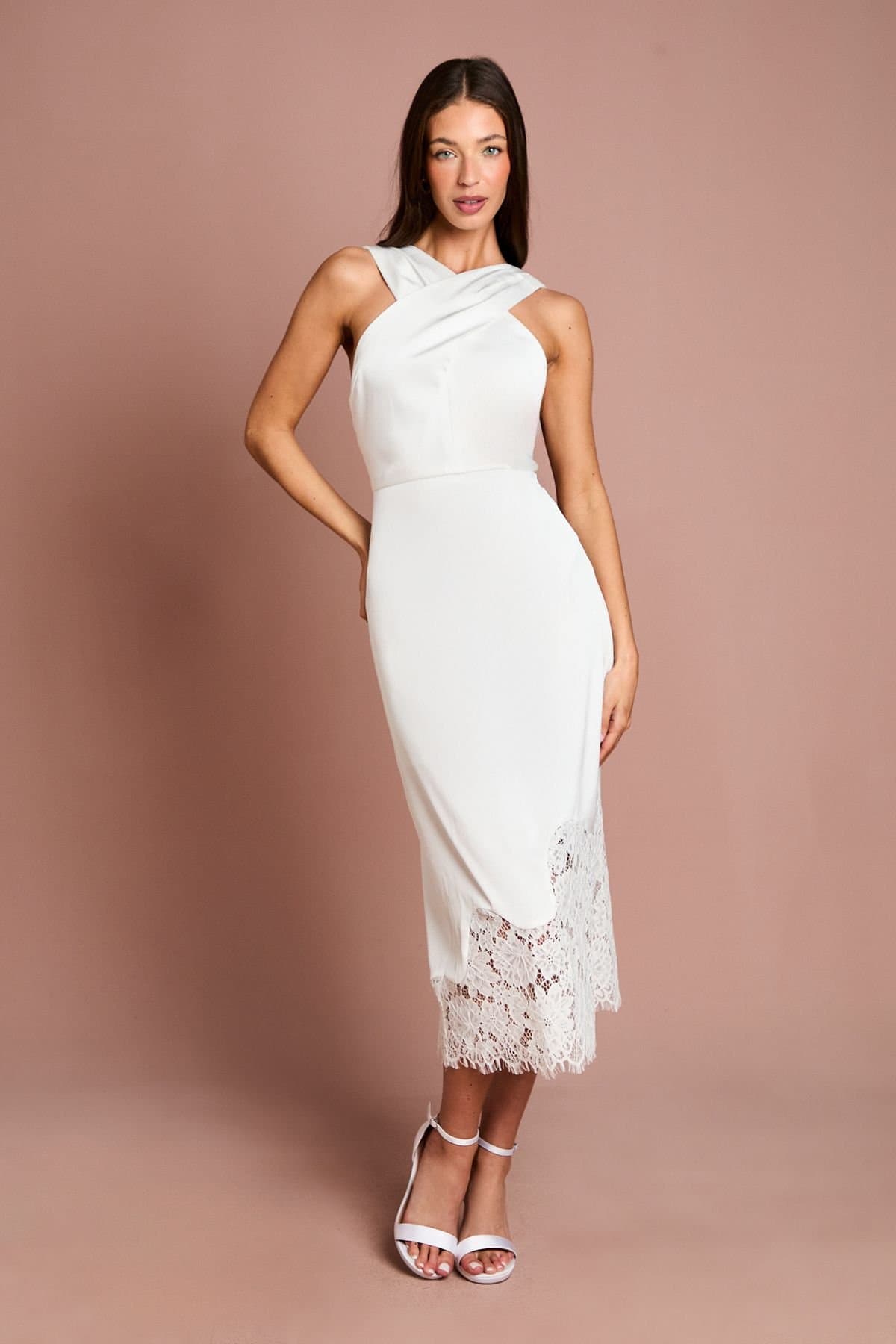 Coast Coast Women's Lace Hem Cross Front Halter Satin Dress in Ivory