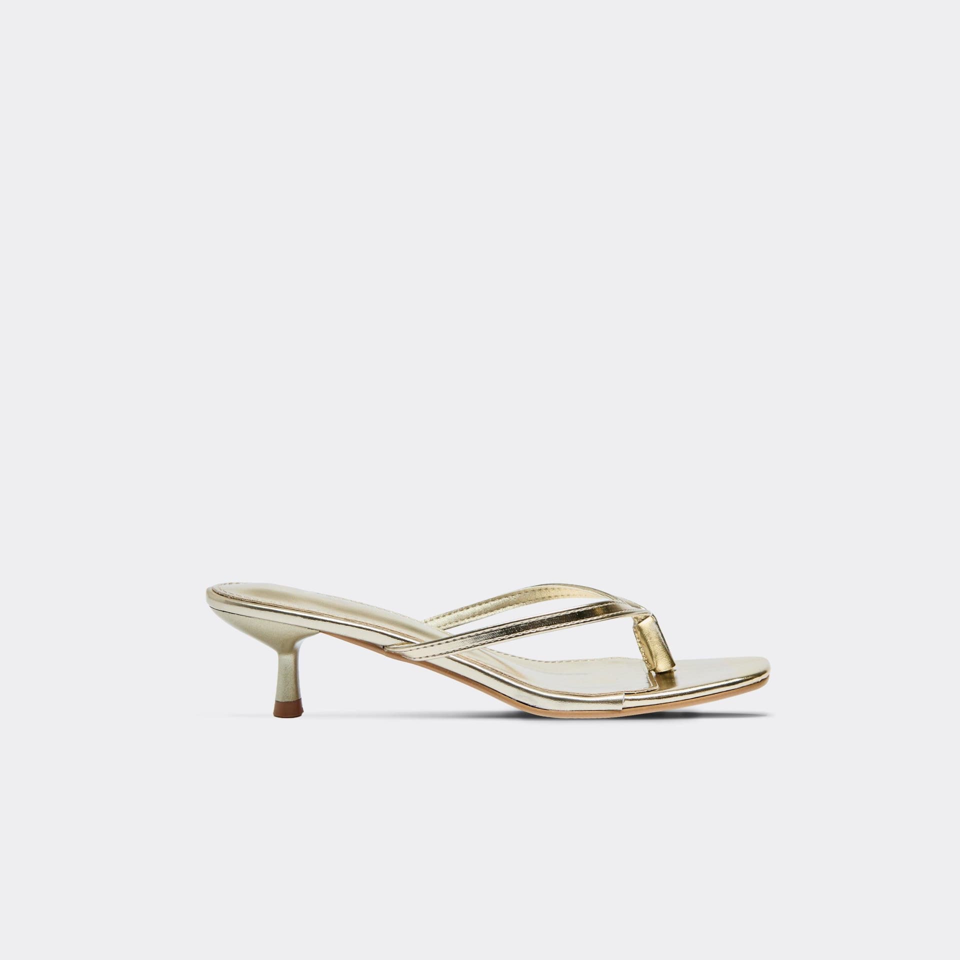 EGO Lou Thong Strap Kitten Heeled Mule In Gold Faux Leather, Women's Size UK 3