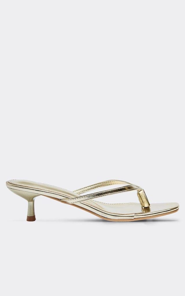 EGO Lou Thong Strap Kitten Heeled Mule In Gold Faux Leather, Women's Size UK 3 - 2