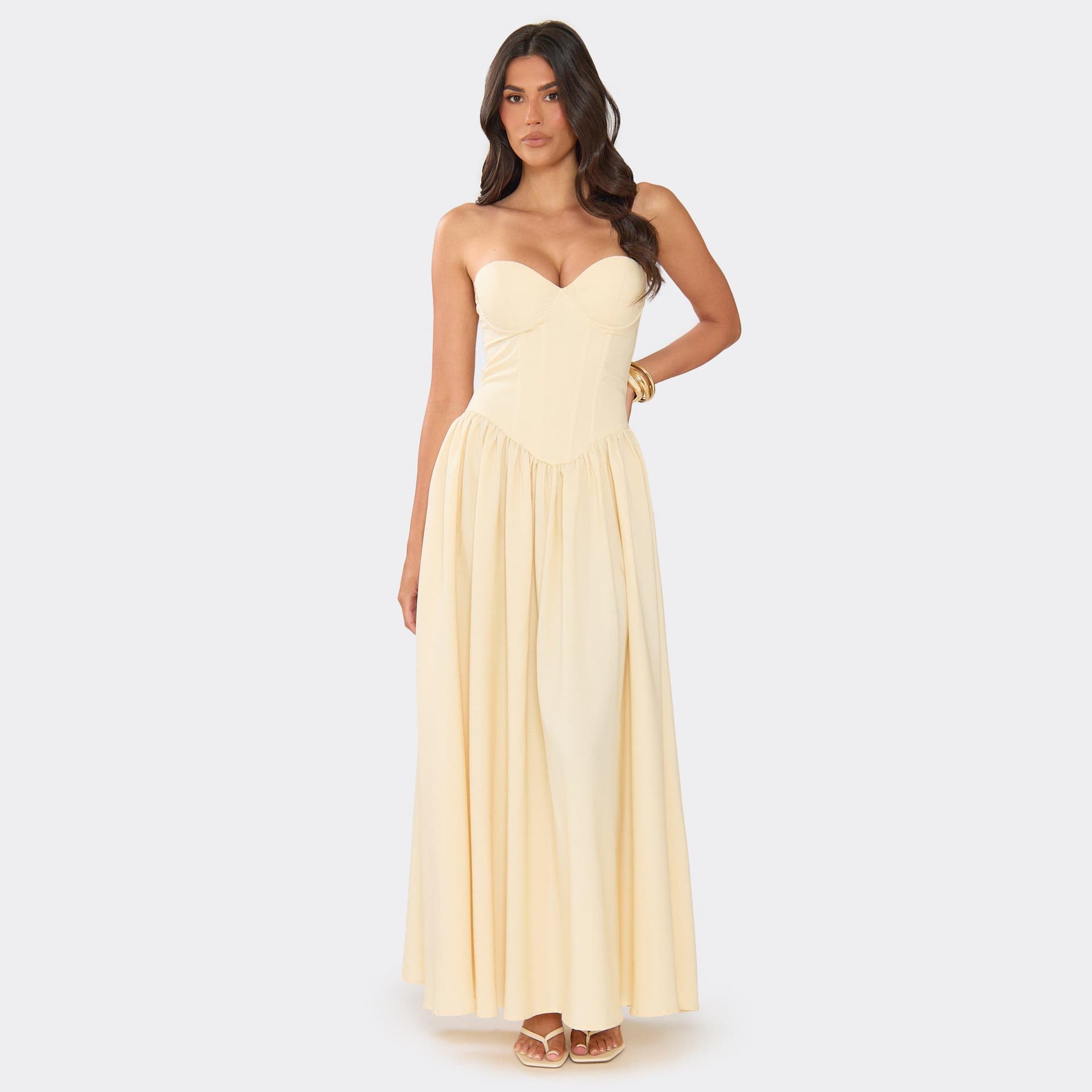 EGO Bandeau Underwired Corset Detail Pleated Maxi Dress In Lemon, Women's Size UK 6