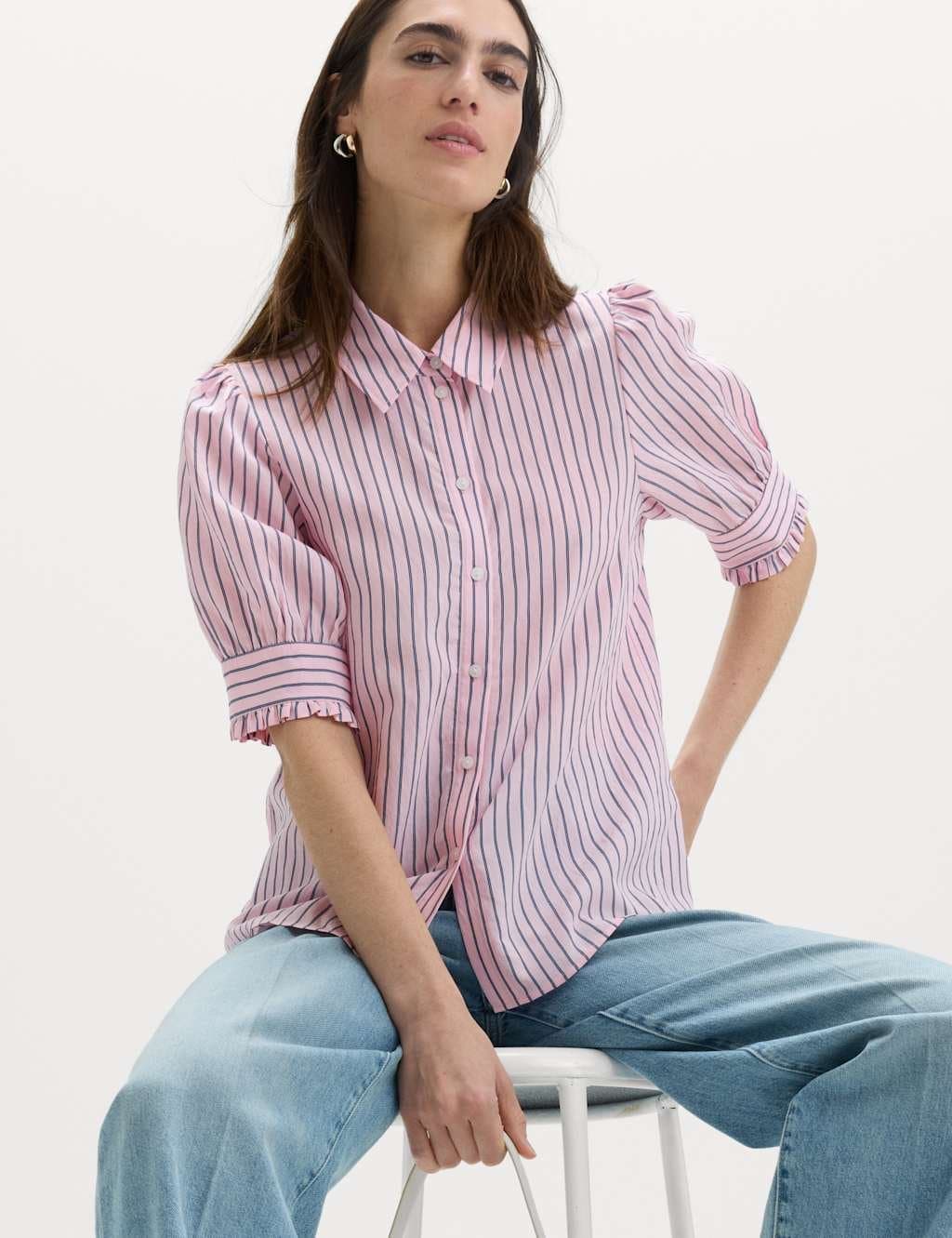 Marks & Spencer M&S Striped Collared Frill Detail Shirt Pink Mix