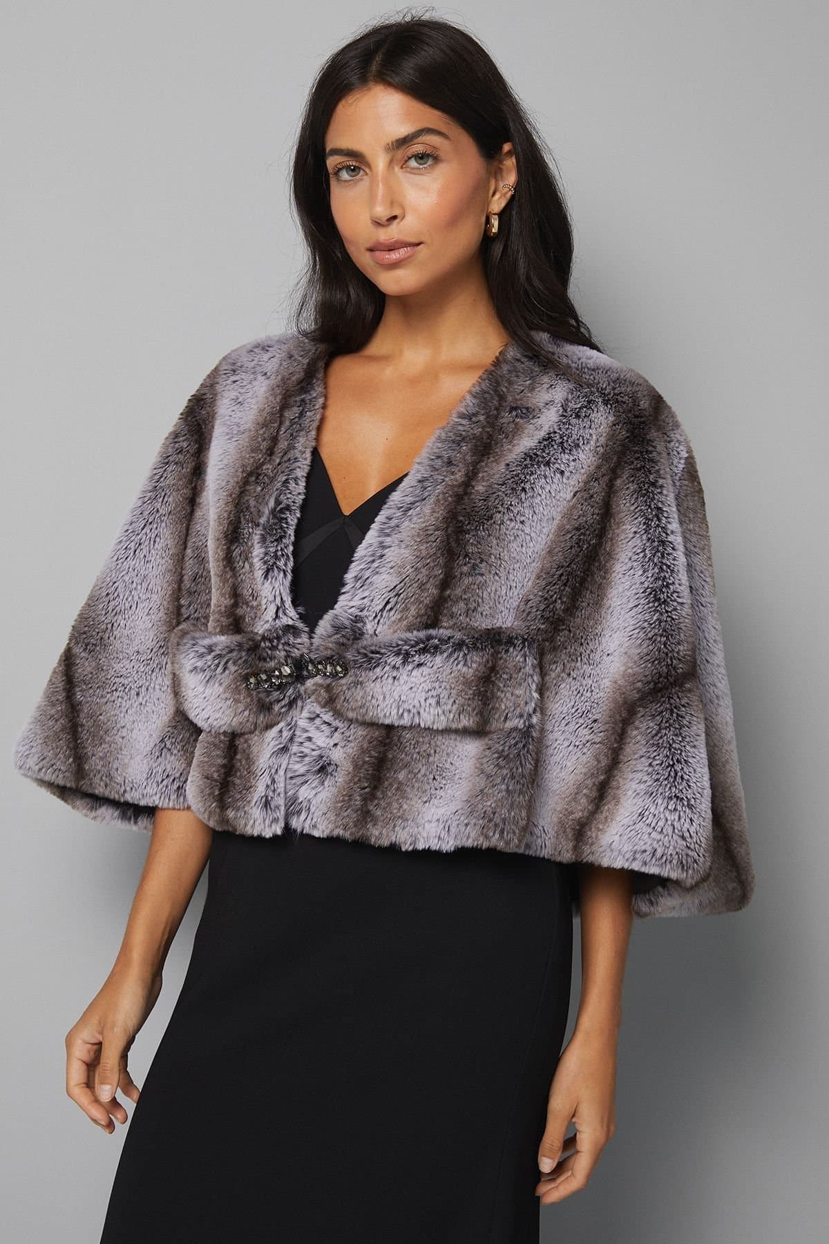 Wallis Wallis Women's Cropped Embellished Faux Fur Cape in Mink