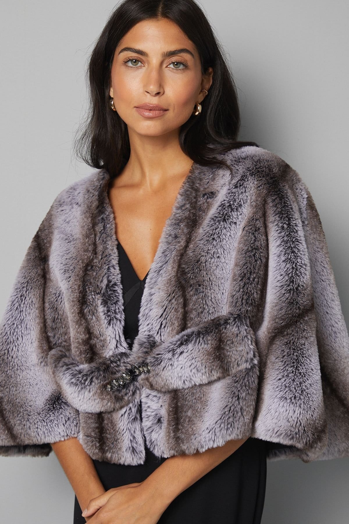 Wallis Wallis Women's Cropped Embellished Faux Fur Cape in Mink - 4