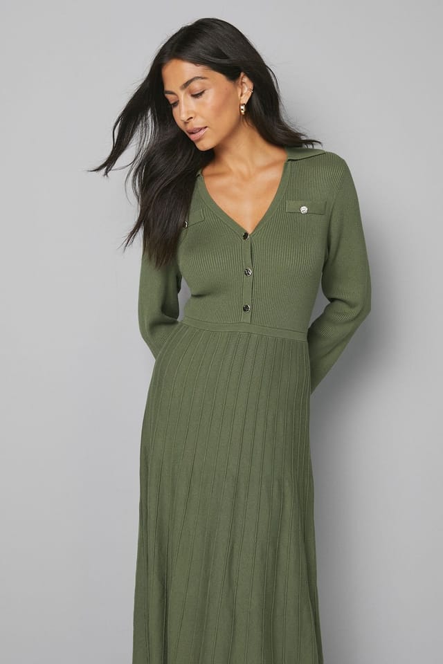 Wallis Wallis Women's Statement Button Pleated Knitted Dress in Khaki - 2