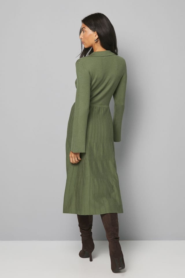 Wallis Wallis Women's Statement Button Pleated Knitted Dress in Khaki - 3