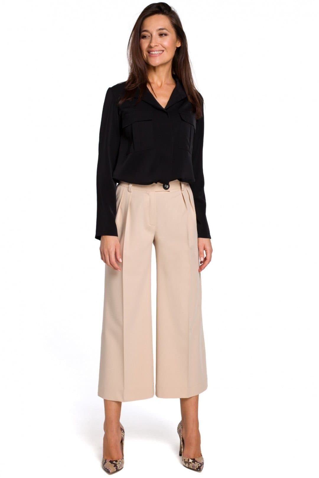 Love Lace Love Lace Women's Loose Solid Culottes Trousers Zipper Buttons in Beige