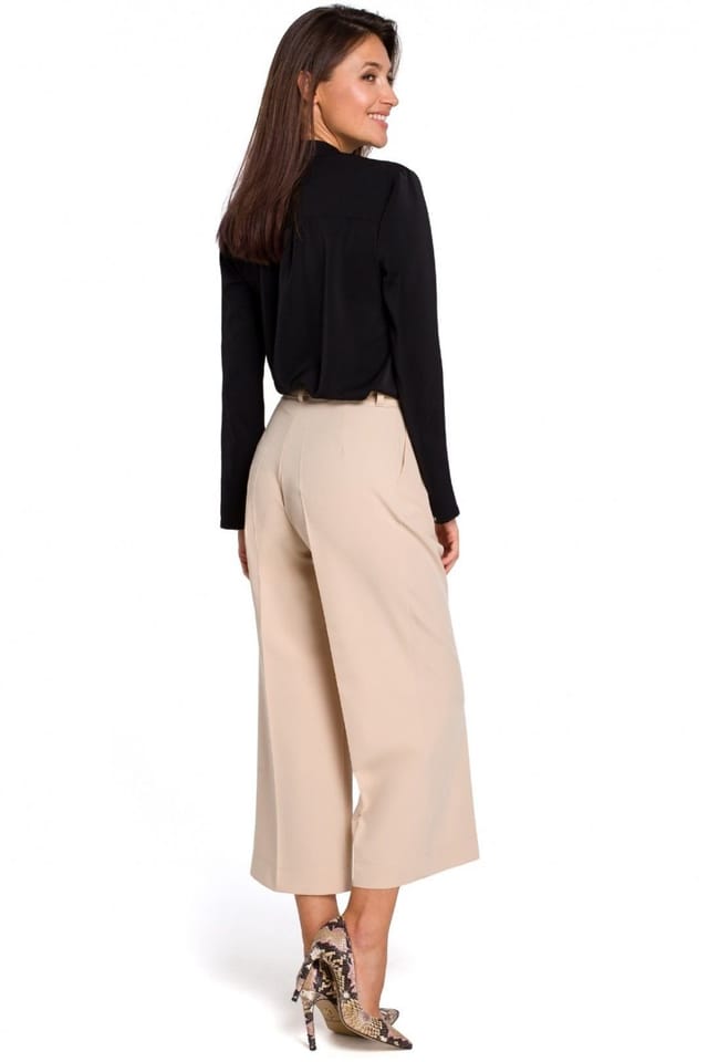 Love Lace Love Lace Women's Loose Solid Culottes Trousers Zipper Buttons in Beige - 2