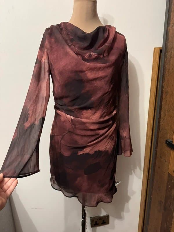 ASOS Design draped asymmetric long sleeve mini dress in burgundy floral print grunge size 10