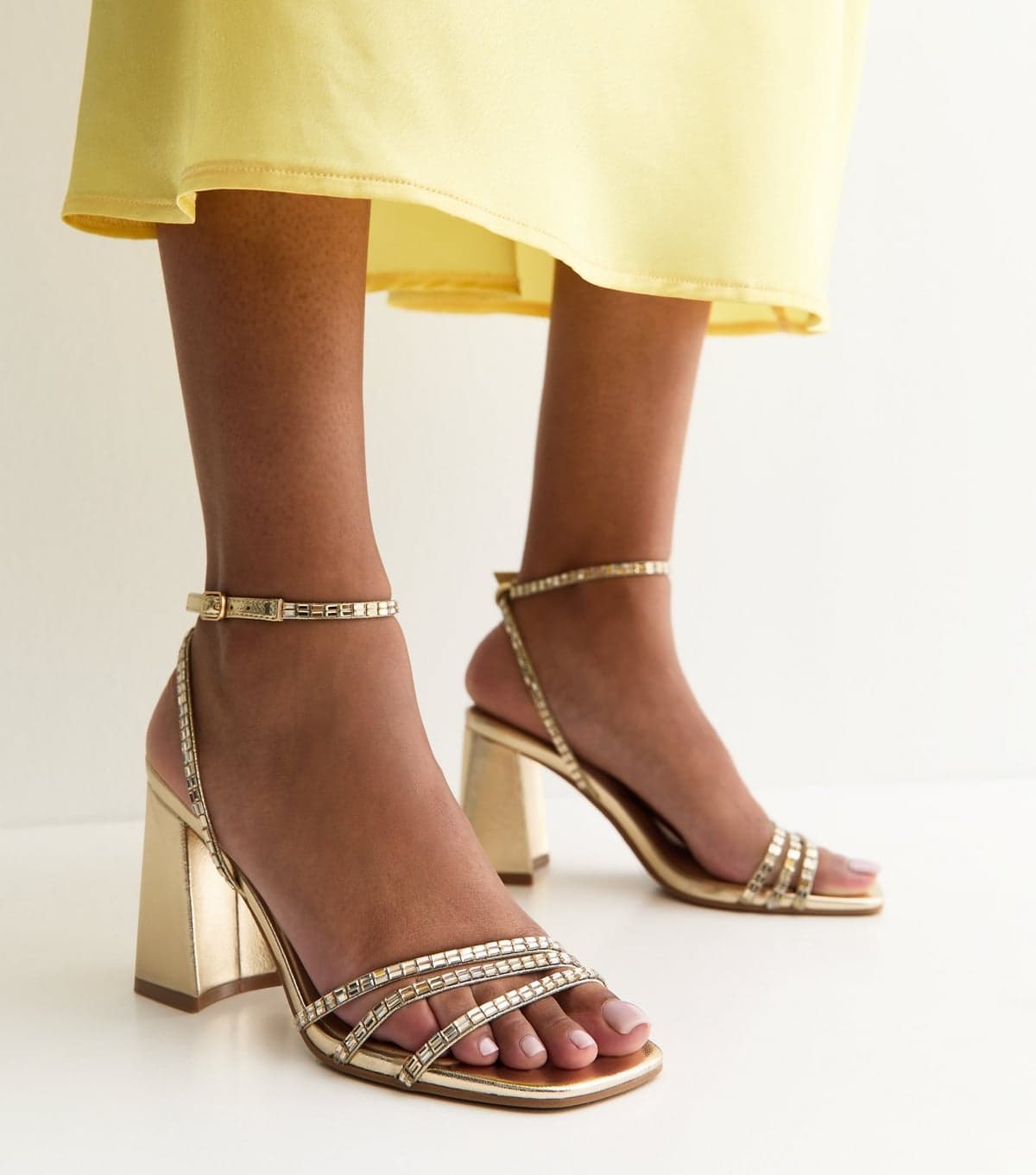 New Look Women's Gold Embellished Strappy Block Heel Sandals Vegan New Look