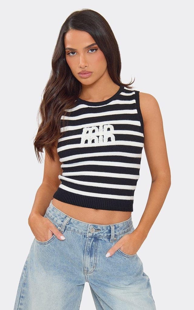 EGO Crew Neck Min Min Crop Vest Top In Black Stripe Knit, Women's Size UK L - 2