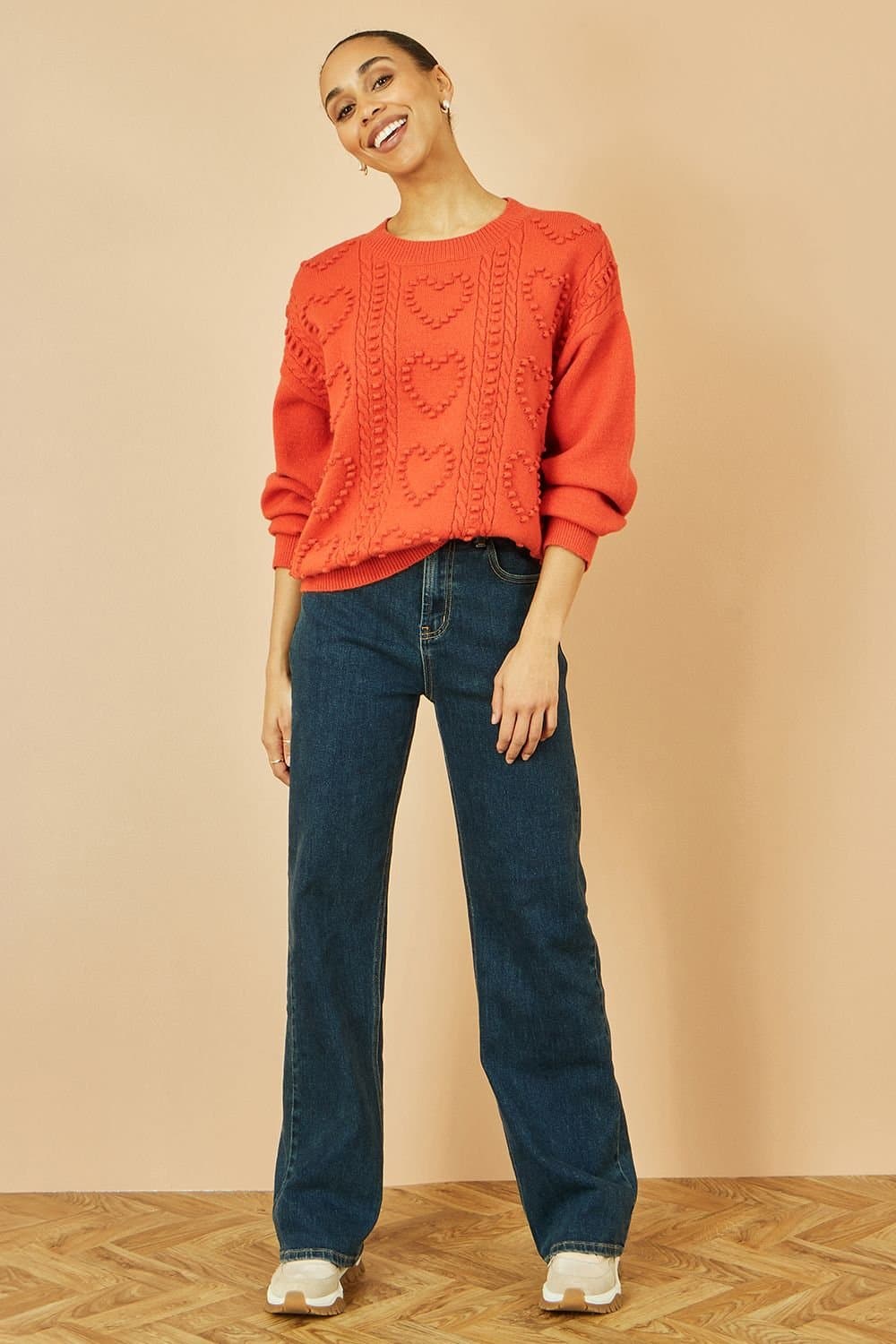 Yumi Yumi Women's Orange Heart Knit Relaxed Jumper