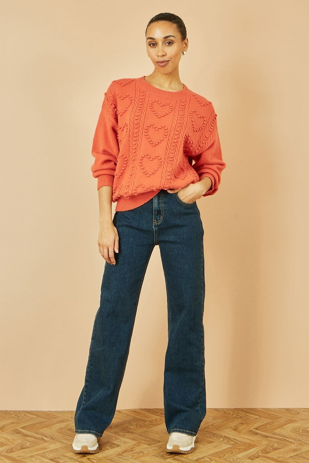 Yumi Yumi Women's Orange Heart Knit Relaxed Jumper - 4