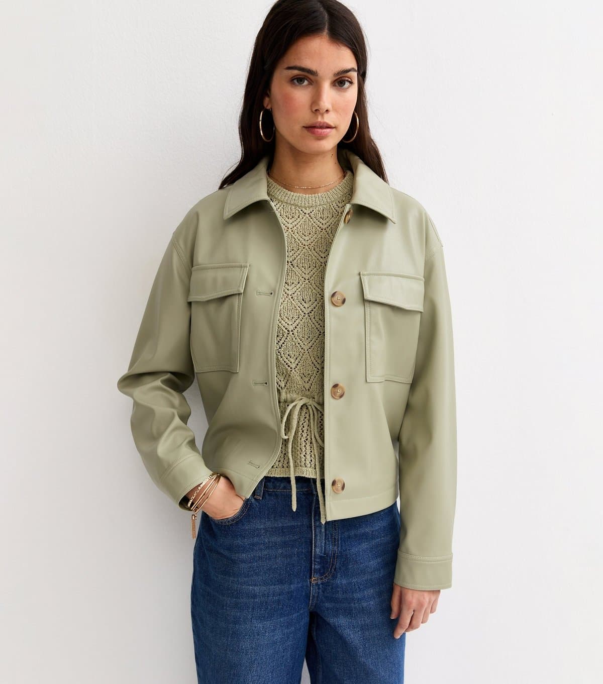 New Look Women's Light Khaki Faux Leather Flap Pocket Shacket Vegan New Look