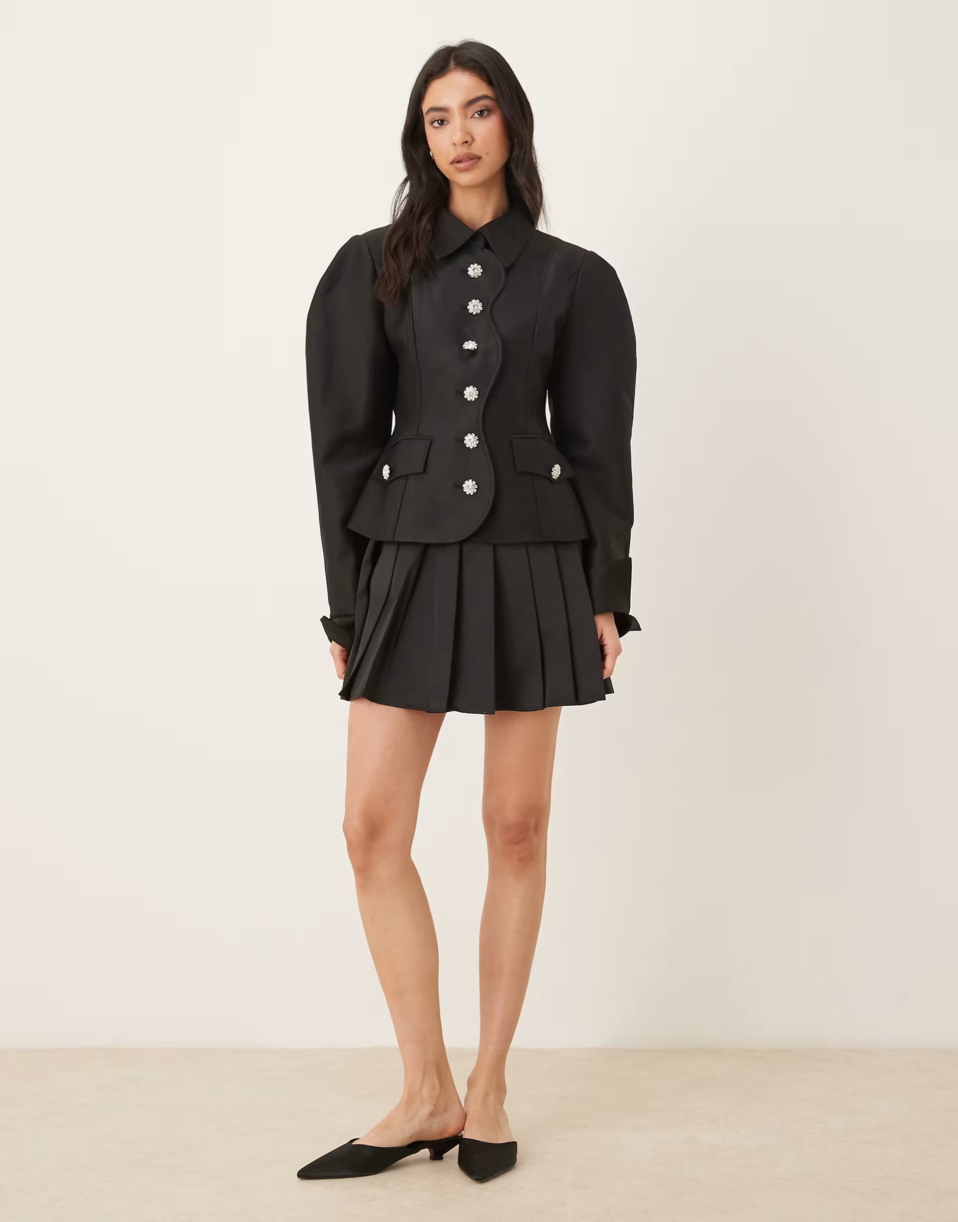 ASOS JW PEI scalloped placket volume sleeve blazer and mini skirt co-ord in black