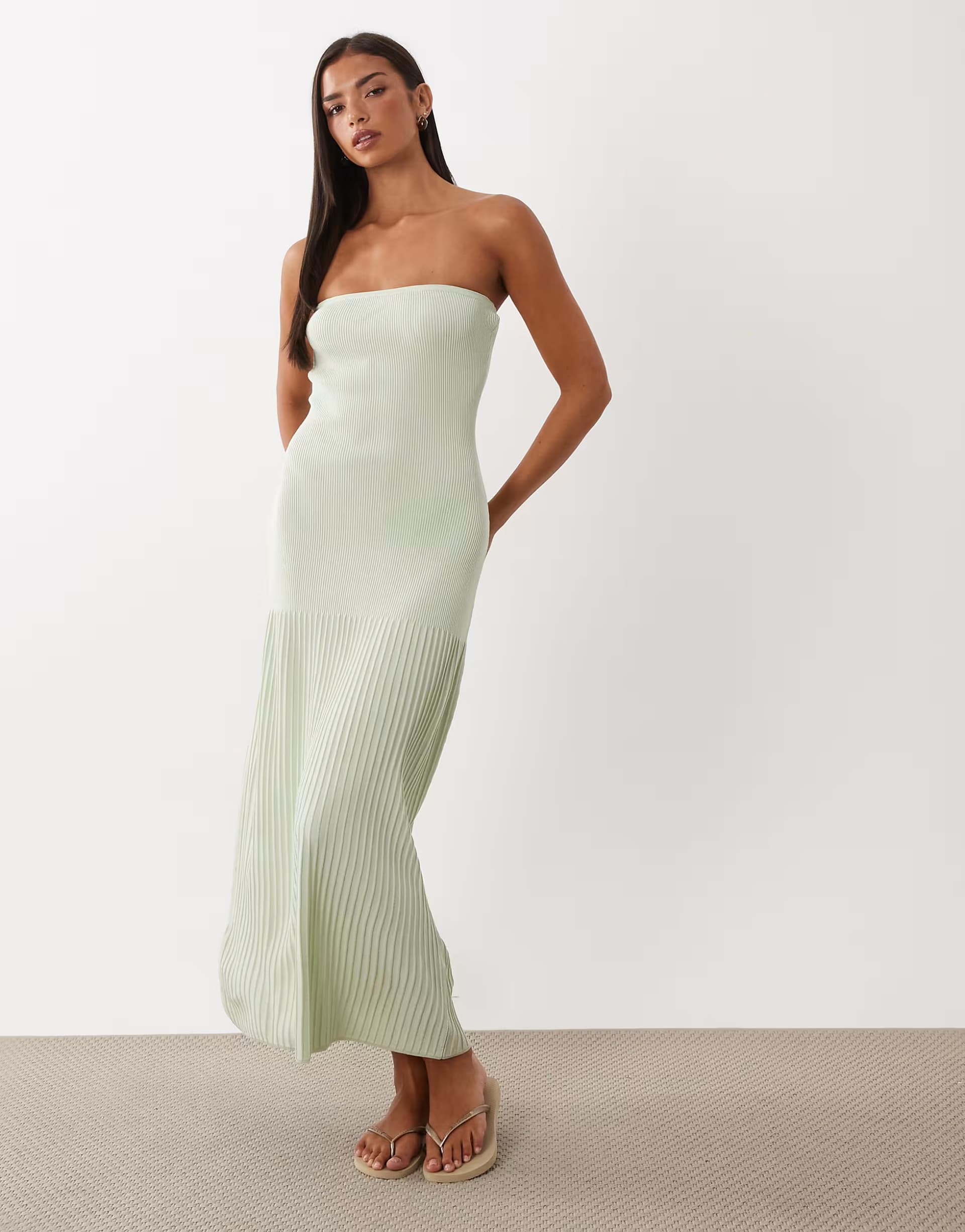 ASOS 4th & Reckless knitted bandeau drop waist pleat hem maxi dress in sage