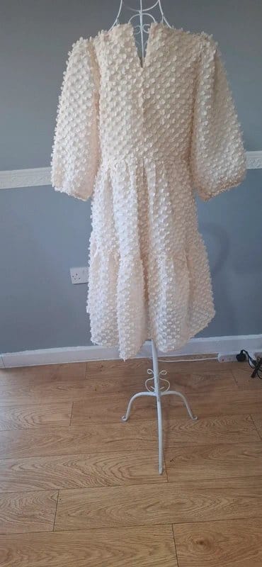 Vera & Lucy Cream Textured Puff Sleeve Dress