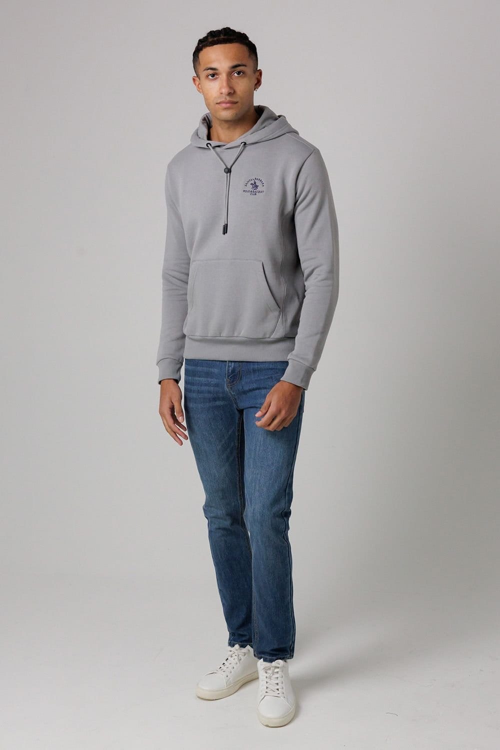 Santa Barbara Polo & Racquet Club Santa Barbara Polo & Racquet Club Men's Cotton Rich Pullover Hoodie with Drawstring & Kangaroo Pocket in Grey - 4