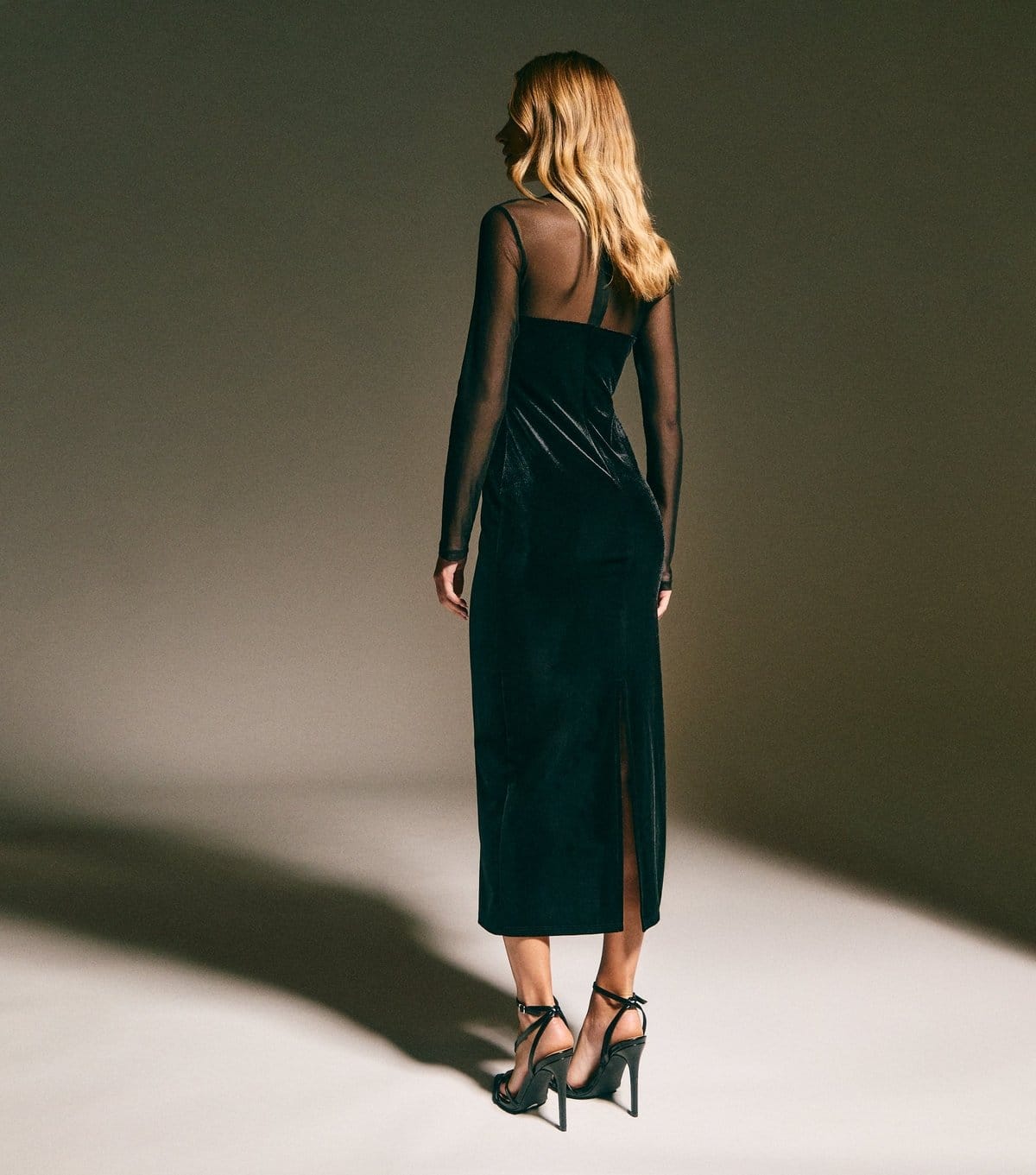 New Look Women's Black Velvet Embellished Trim Mesh Long Sleeve Midi Dress New Look - 4