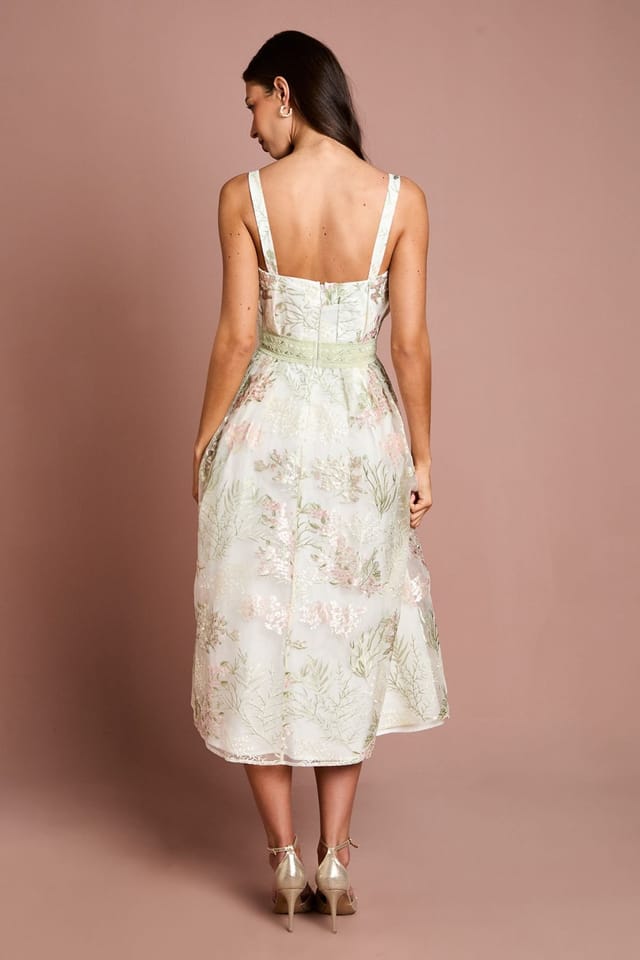 Coast Coast Women's Fan Bodice Embroidered Mesh Midi Dress in Ivory - 3