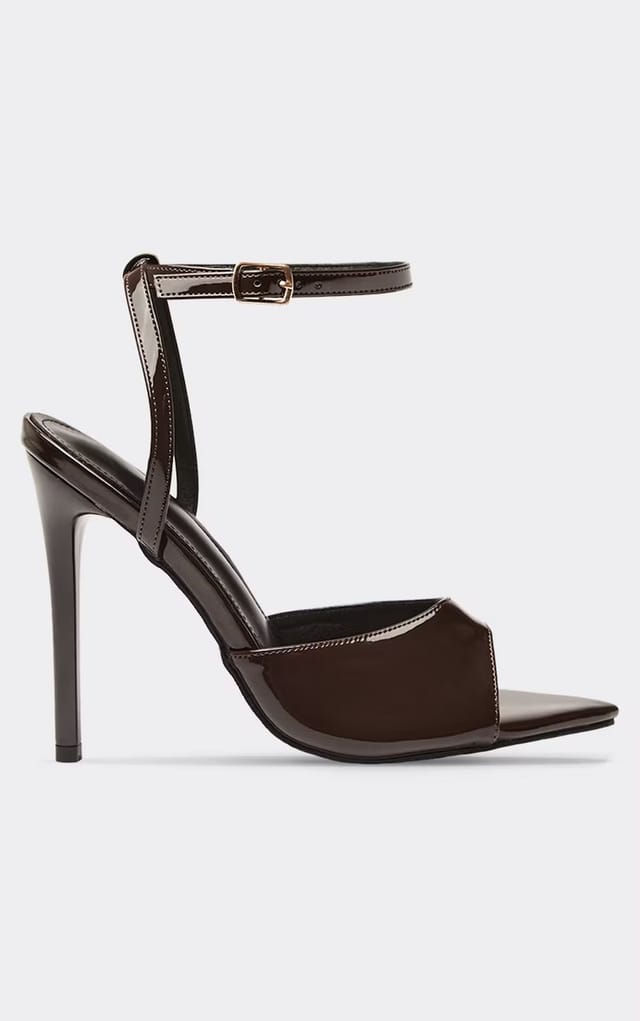 EGO Highland Ankle Strap Pointed Peep Toe Stiletto Heel In Brown Patent, Women's Size UK 3 - 2