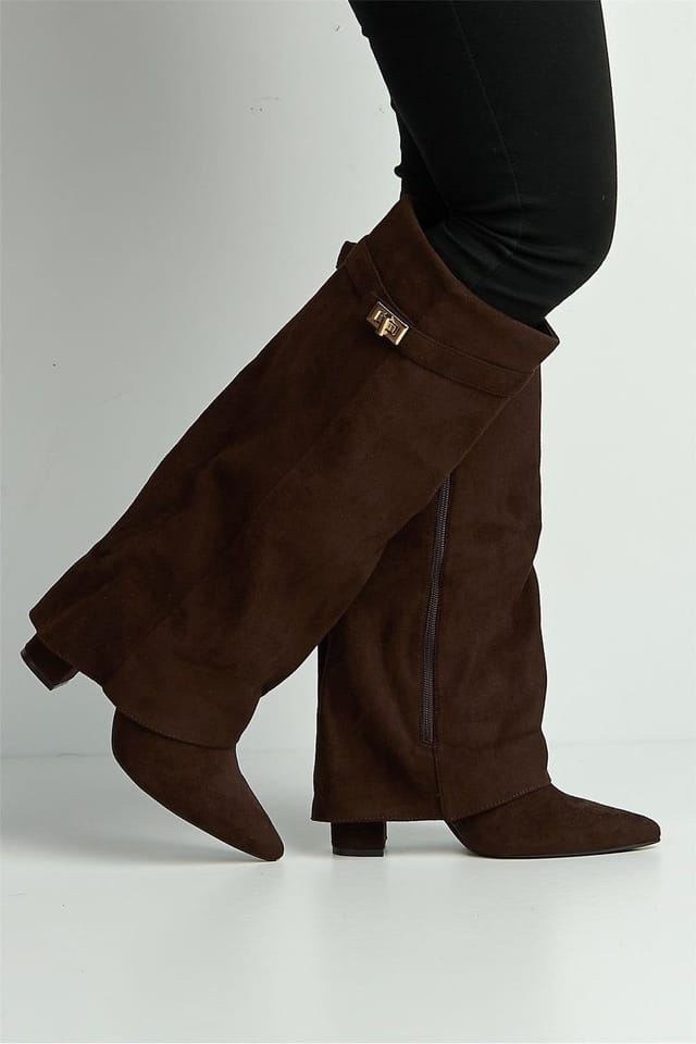 Miss Diva Miss Diva Women's Ayla Block Heel Pointy Toe Collared Faux Suede Clasp Detail Calfboots in Chocolate - 2