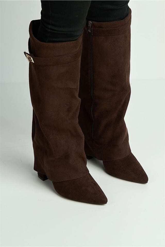 Miss Diva Miss Diva Women's Ayla Block Heel Pointy Toe Collared Faux Suede Clasp Detail Calfboots in Chocolate - 3