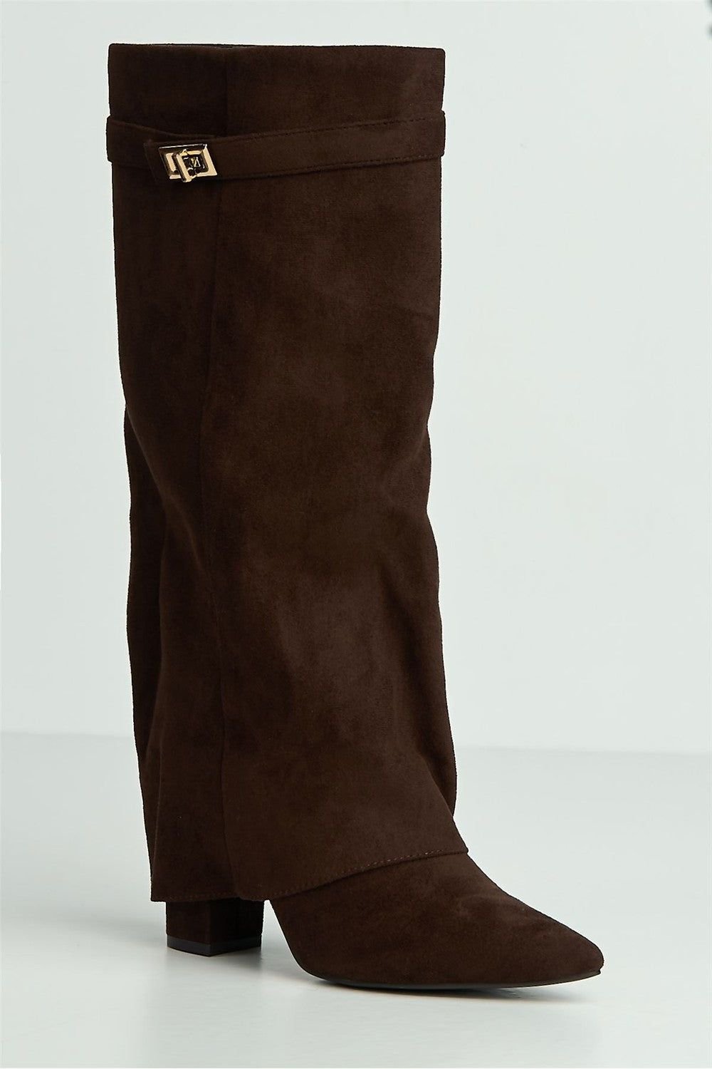 Miss Diva Miss Diva Women's Ayla Block Heel Pointy Toe Collared Faux Suede Clasp Detail Calfboots in Chocolate - 4