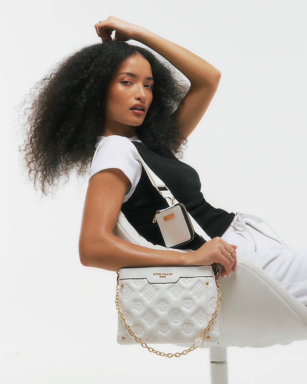 River Island River Island Womens White Quilted Monogram Cross Body Bag