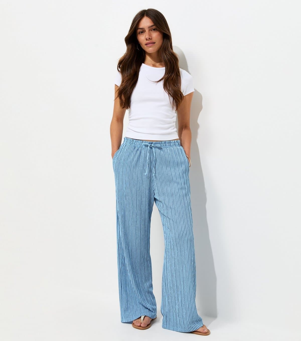 New Look Women's Petite Blue Crinkle Texture Striped Wide Leg Trousers New Look