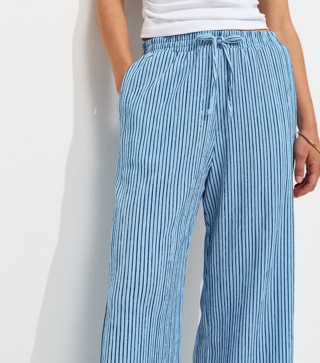 New Look Women's Petite Blue Crinkle Texture Striped Wide Leg Trousers New Look - 2