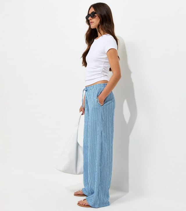 New Look Women's Petite Blue Crinkle Texture Striped Wide Leg Trousers New Look - 3
