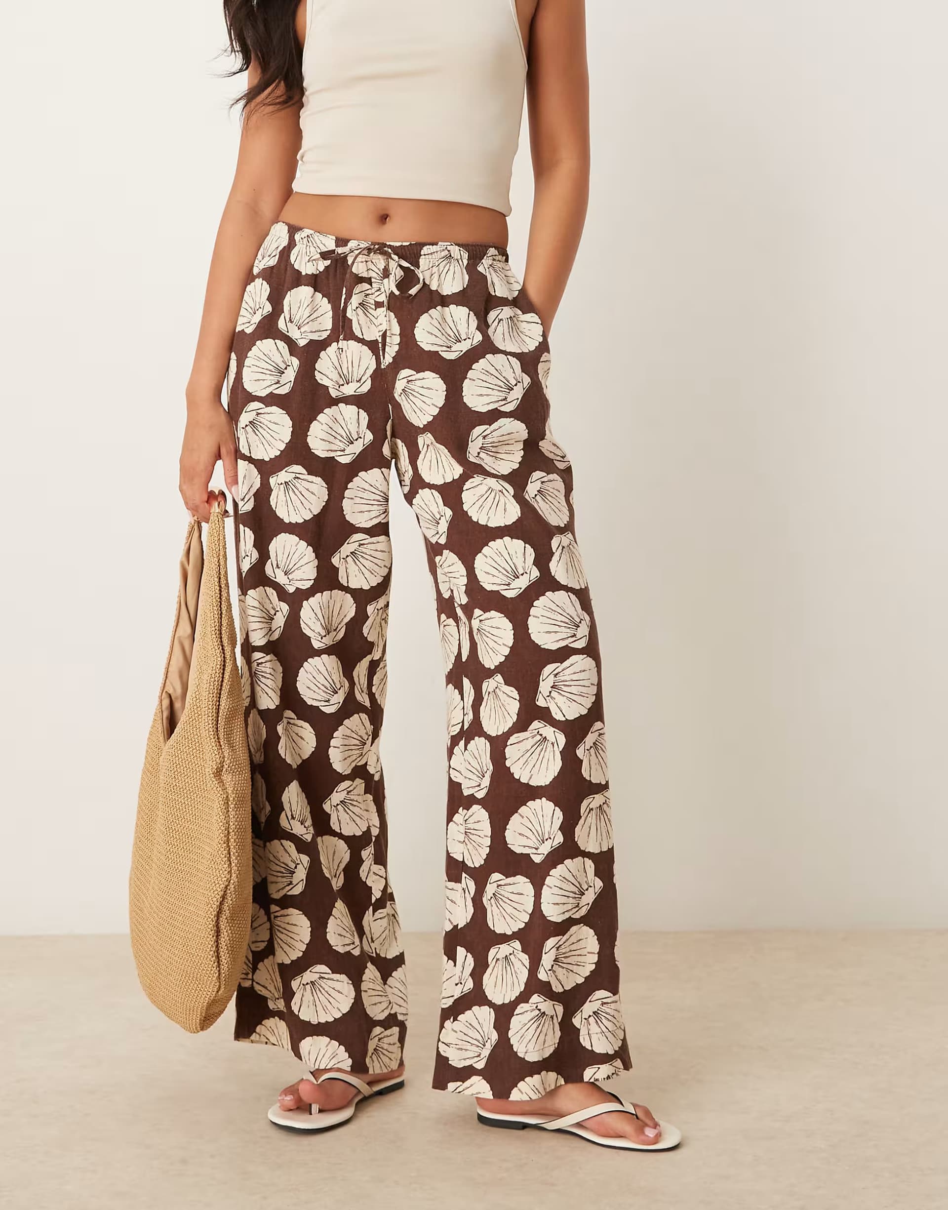 ASOS Abercrombie & Fitch linen wide leg pull on trousers in brown shell print