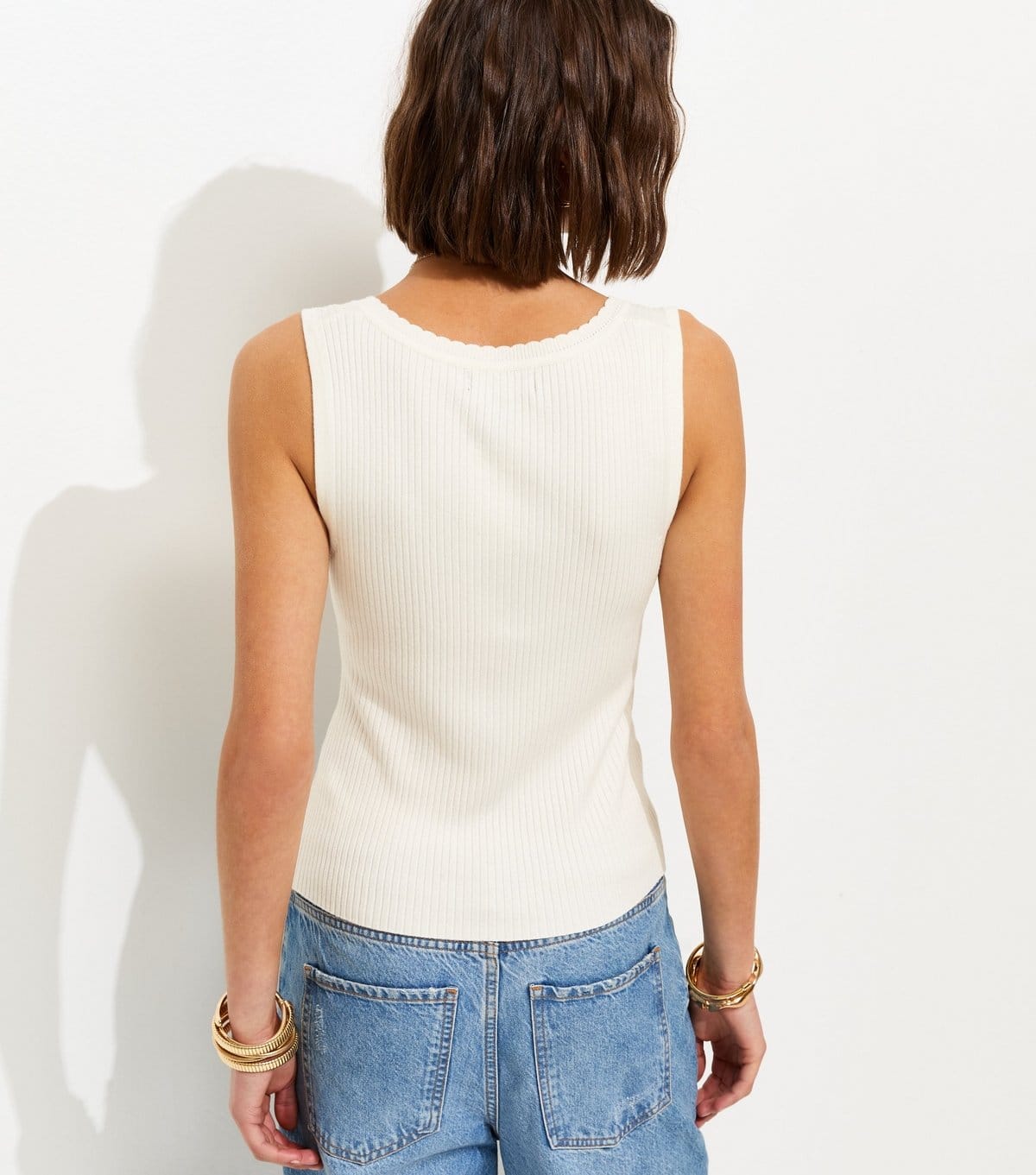 New Look Women's Cream Ribbed Knit Scoop Neck Button Front Vest Top New Look - 4