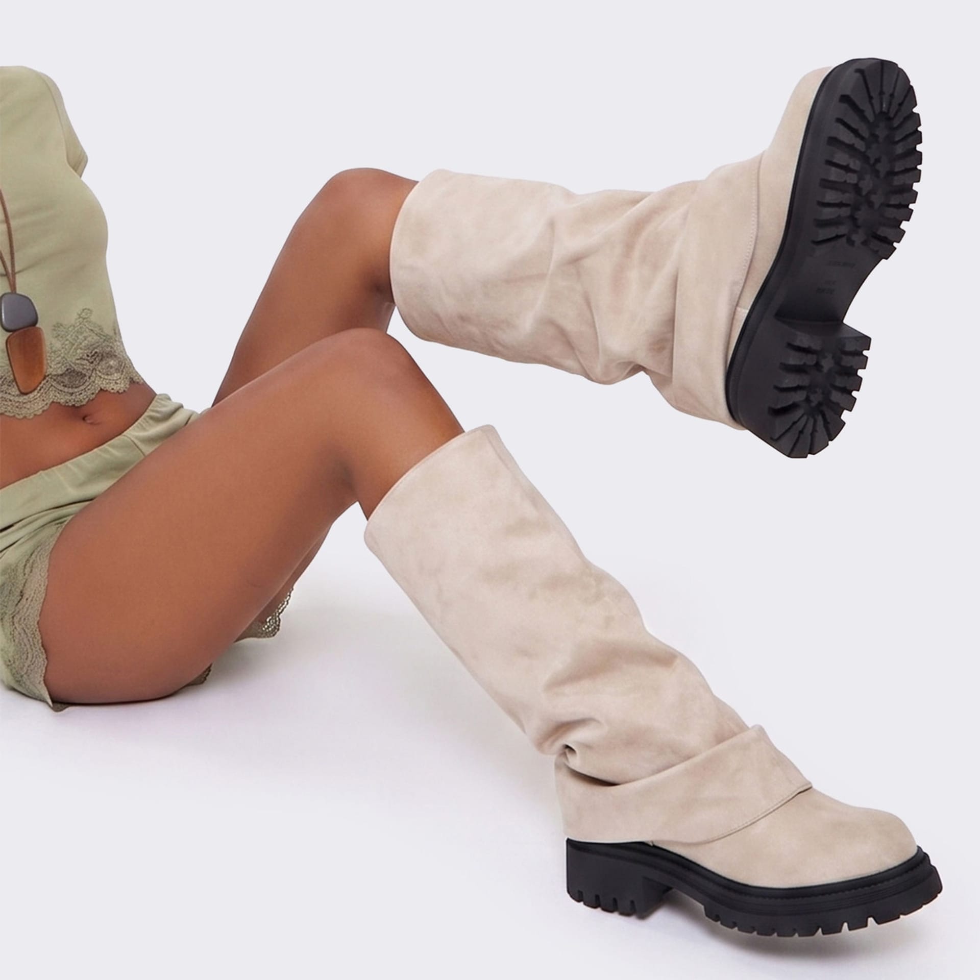 EGO EGO Women's Knee High Layered Faux Suede Block Heel Boots in Light Grey - 4