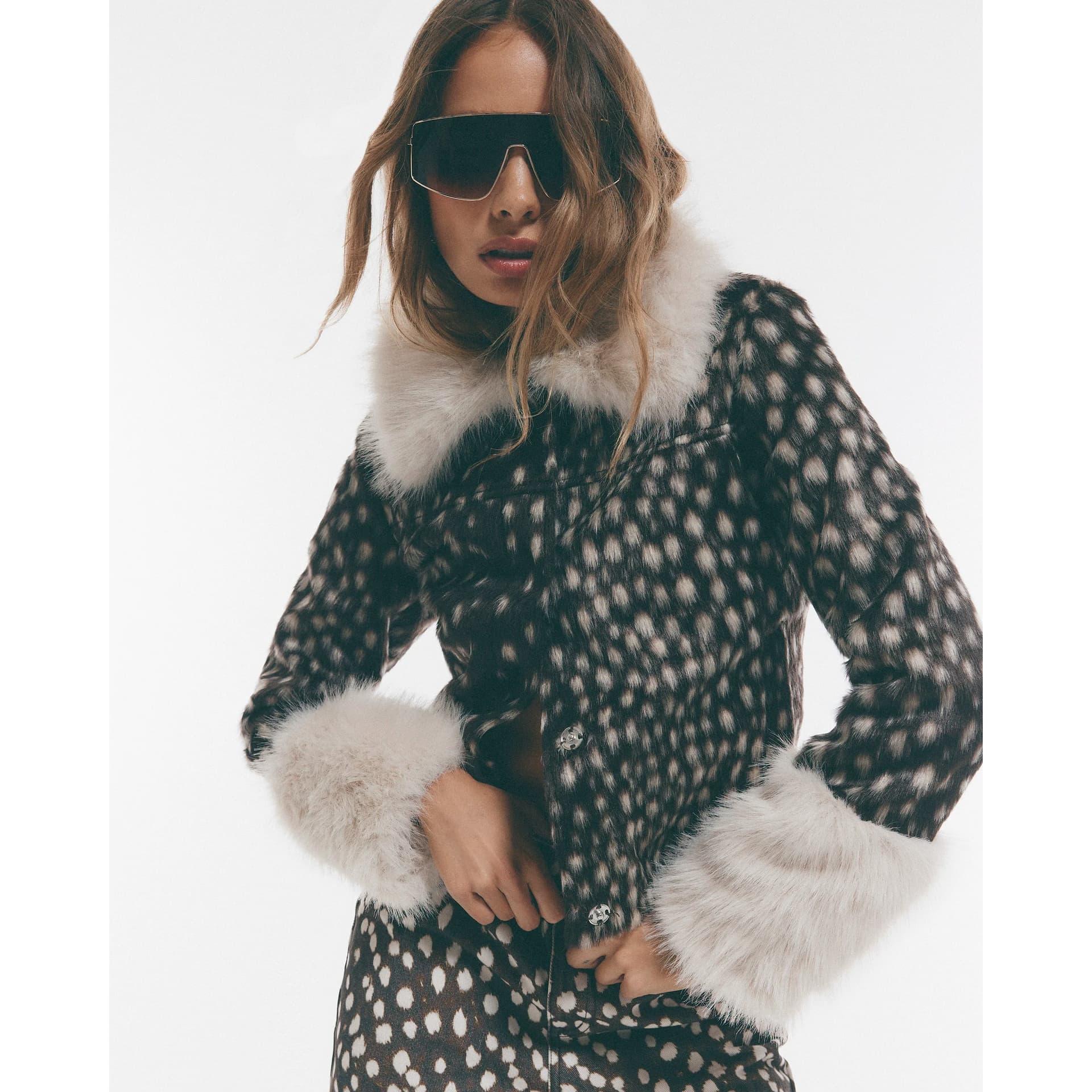 River Island River Island Womens Brown Deer Print Faux Fur Collared Jacket