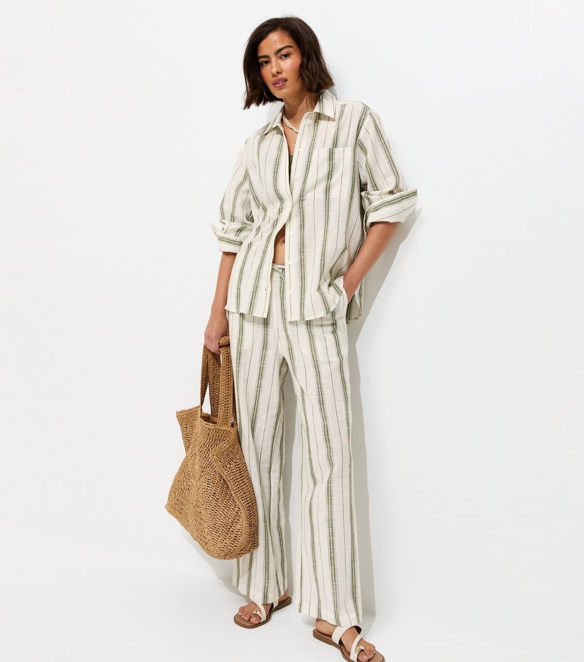 New Look Women's Green Cotton Striped Wide Leg Trousers New Look