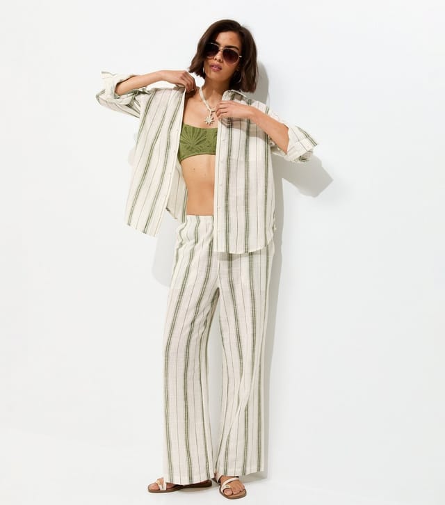 New Look Women's Green Cotton Striped Wide Leg Trousers New Look - 3