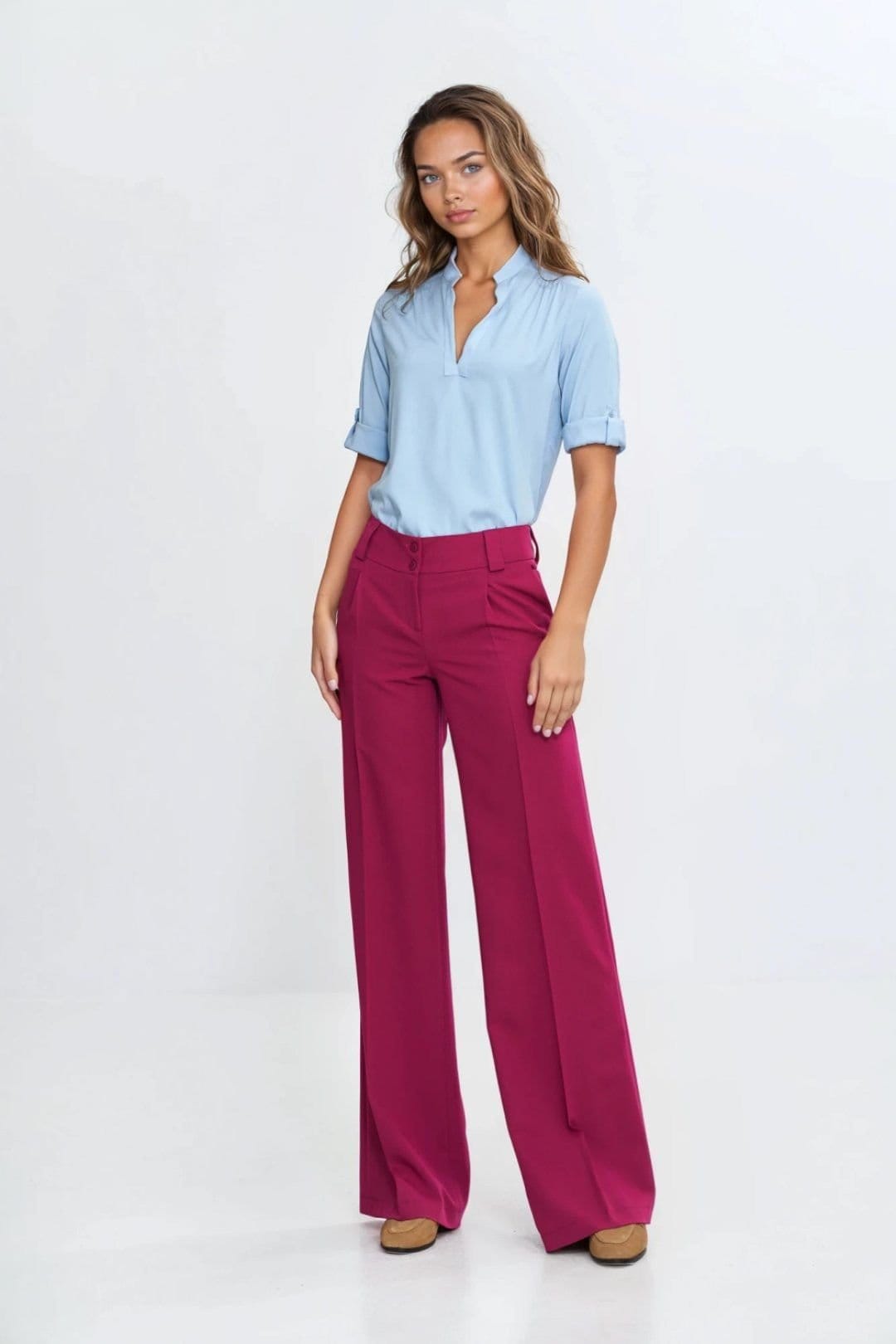 Love Lace Love Lace Women's Viscose V Neck Pleated Blouse with Cuff in Blue - 4