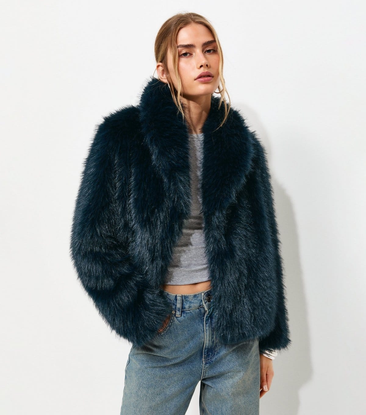 New Look Women's Navy Faux Fur Shawl Collar Jacket New Look - 1