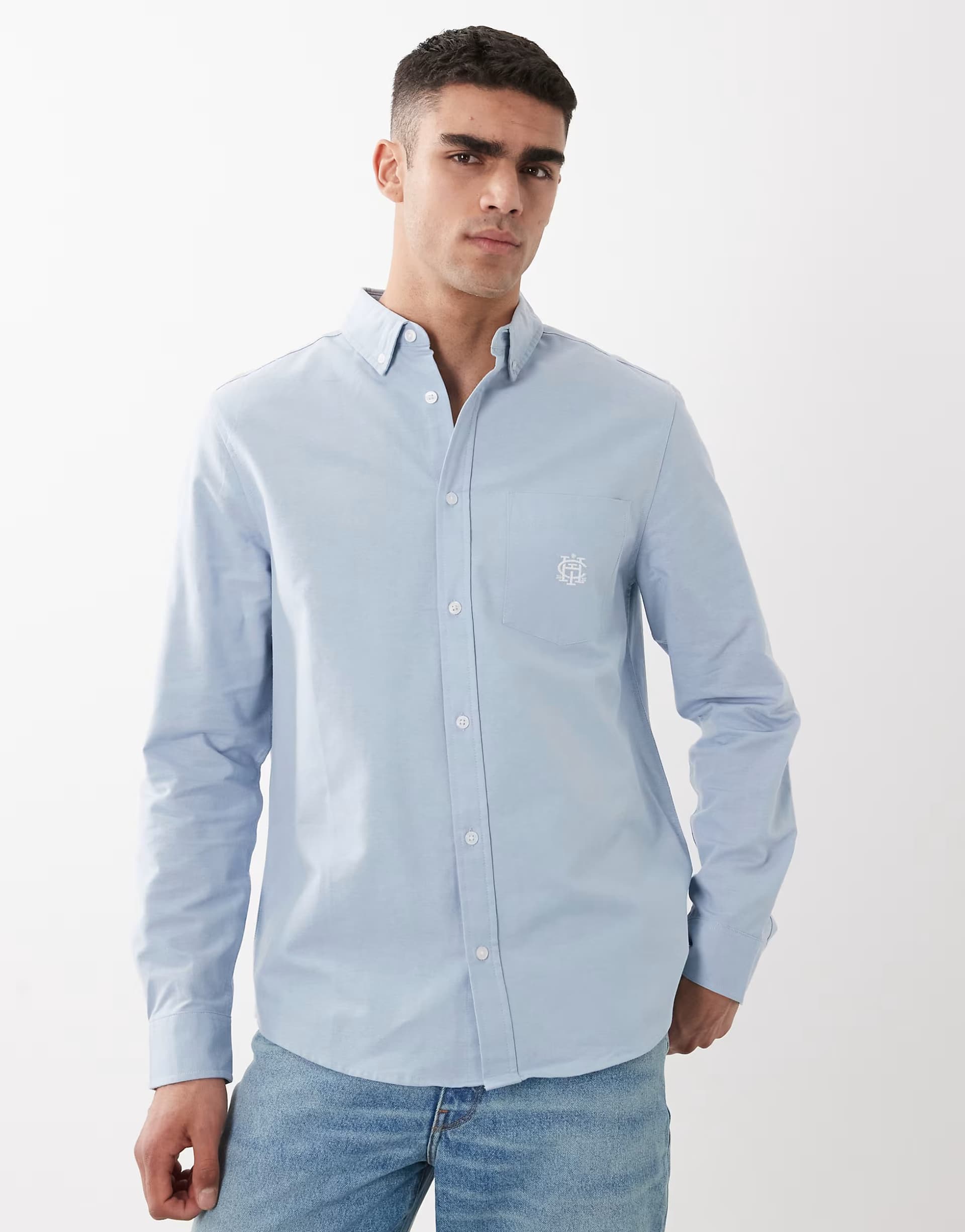 ASOS ASOS DESIGN regular fit oxford shirt with chest embroidery in light blue