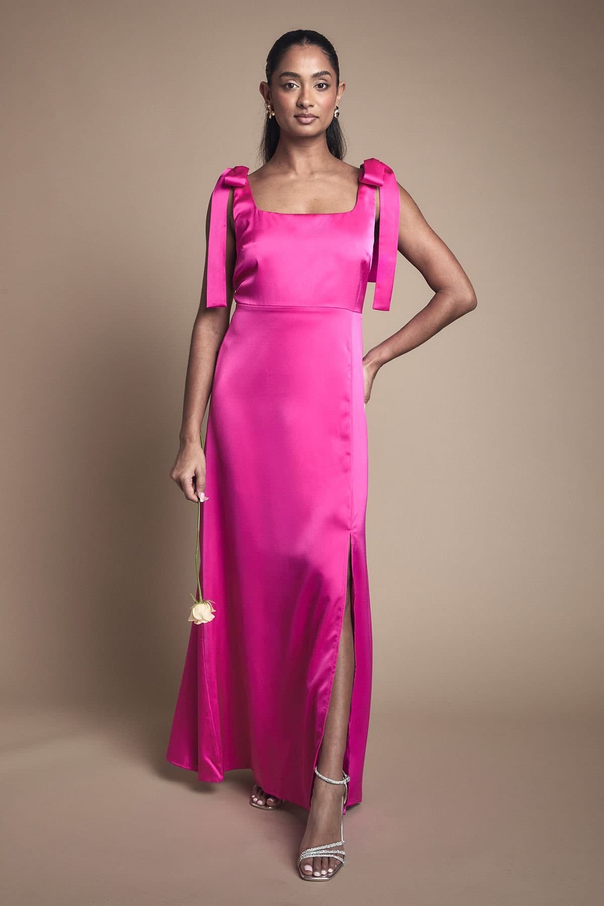 Oasis Oasis Women's Satin Tie Shoulder Midi Bridesmaid Dress in Bright Pink