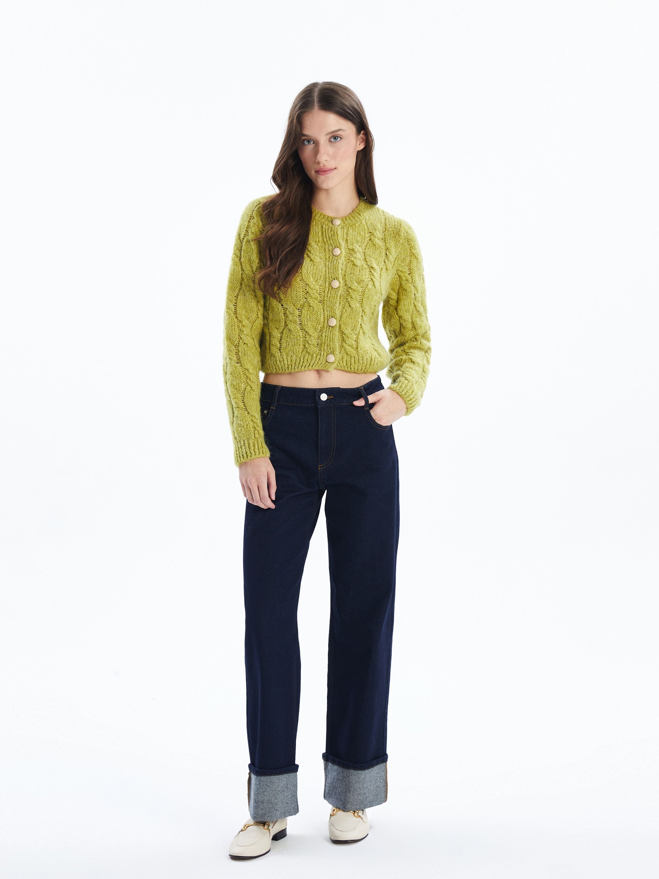 Dexia Dexia Women's Cable Knit Cardigan with Button Detail in Green - 2