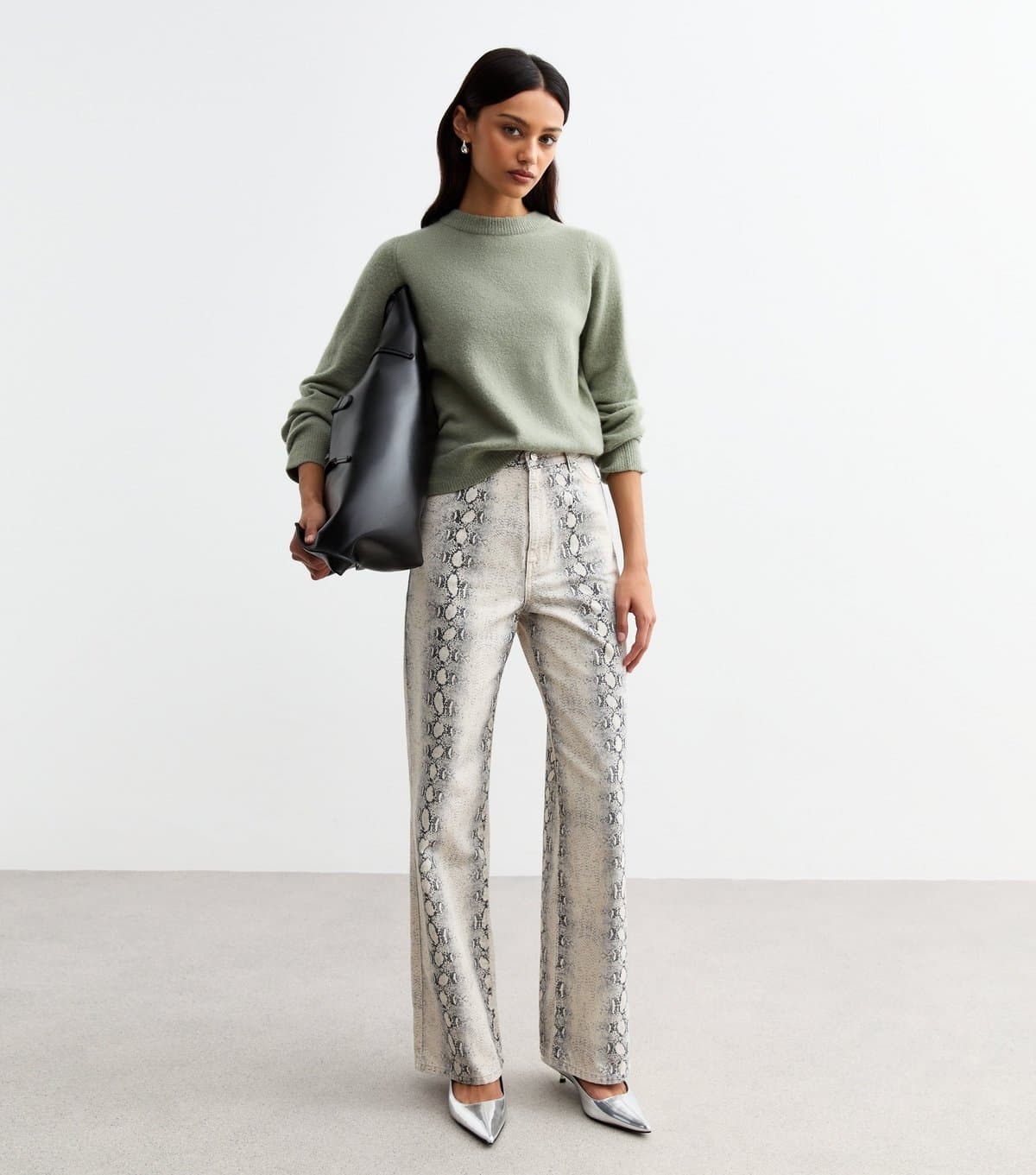 New Look Women's White Snakeskin Print Wide Leg Jeans New Look