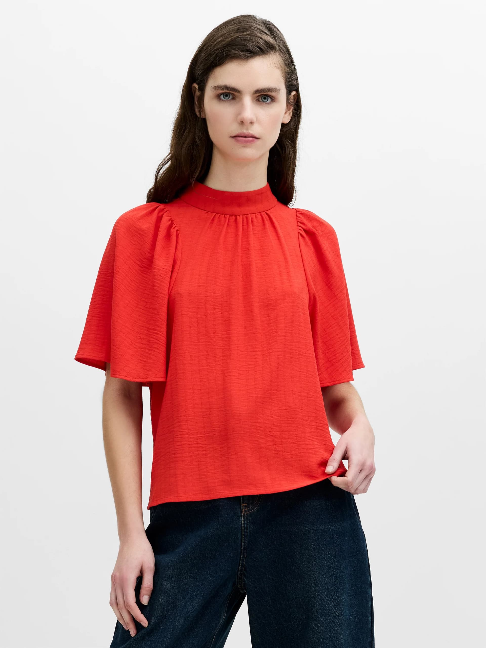 French Connection Codie Red Textured High Neck Top Rouge Red