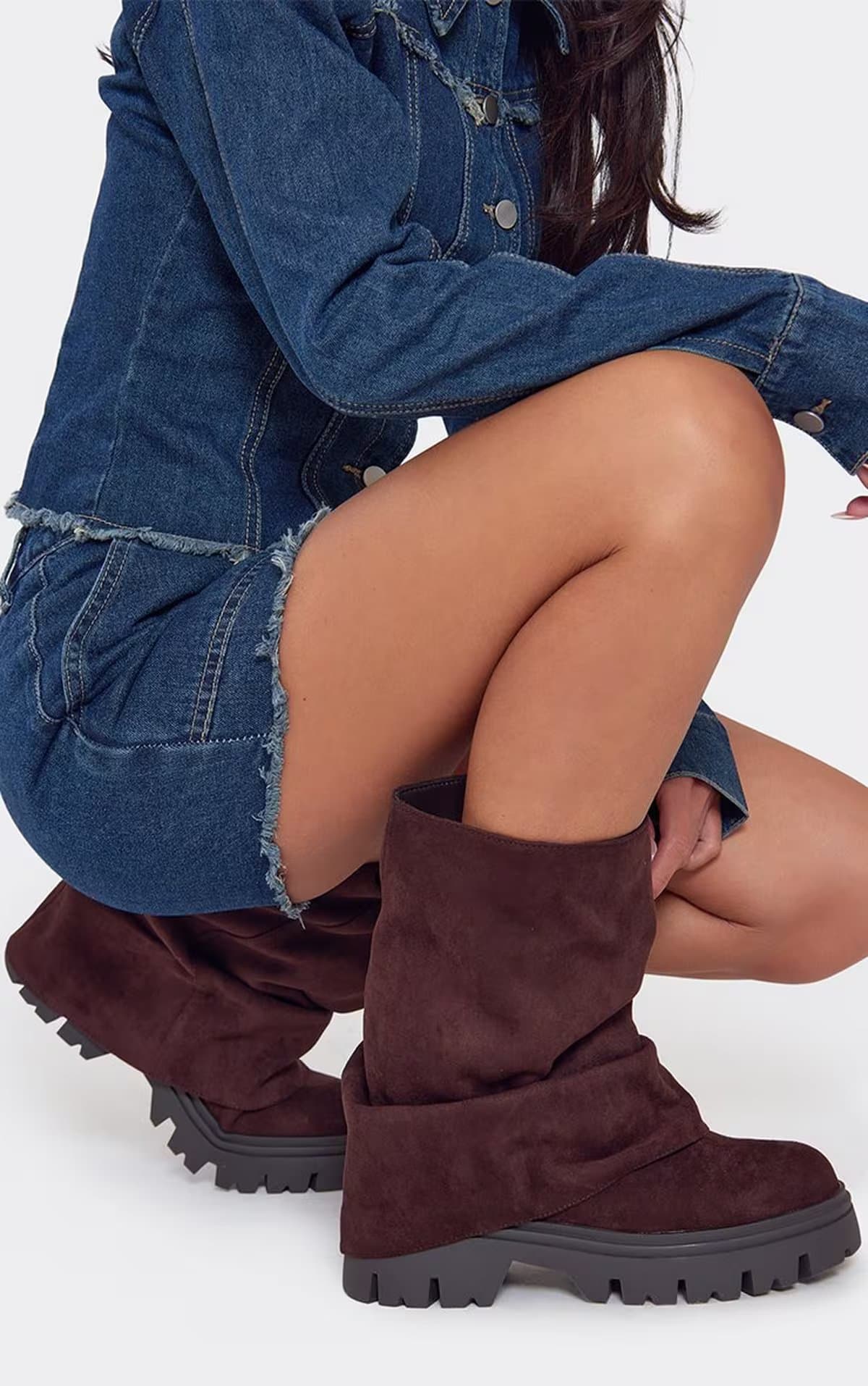 EGO Jenni Layered Detail Mid Calf Biker Boot In Brown Faux Suede, Women's Size UK 3