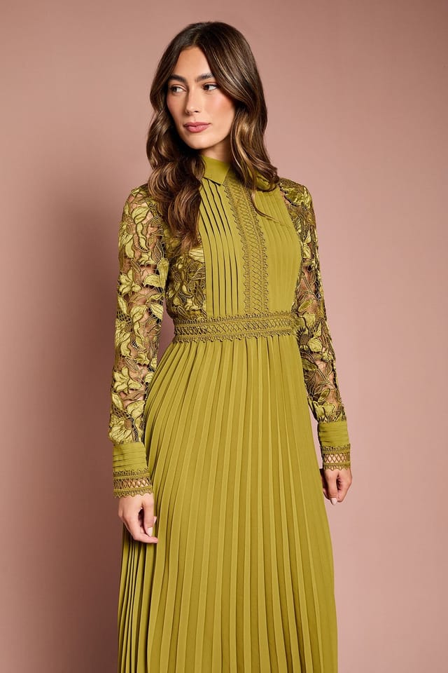Coast Coast Women's Long Sleeve Lace & Pleated Midi Shirt Dress in Olive - 2