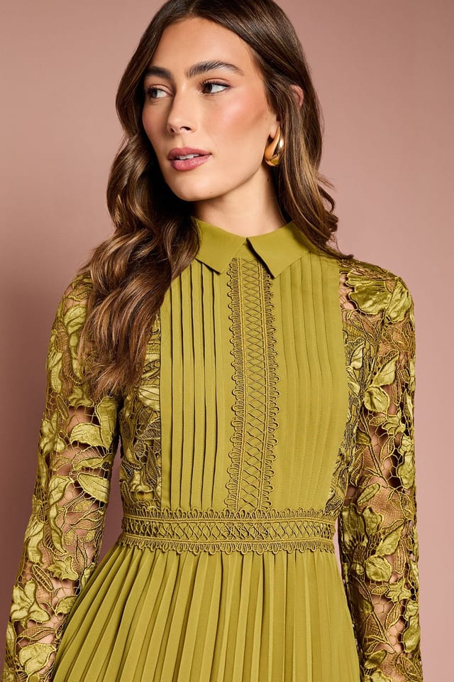 Coast Coast Women's Long Sleeve Lace & Pleated Midi Shirt Dress in Olive - 3